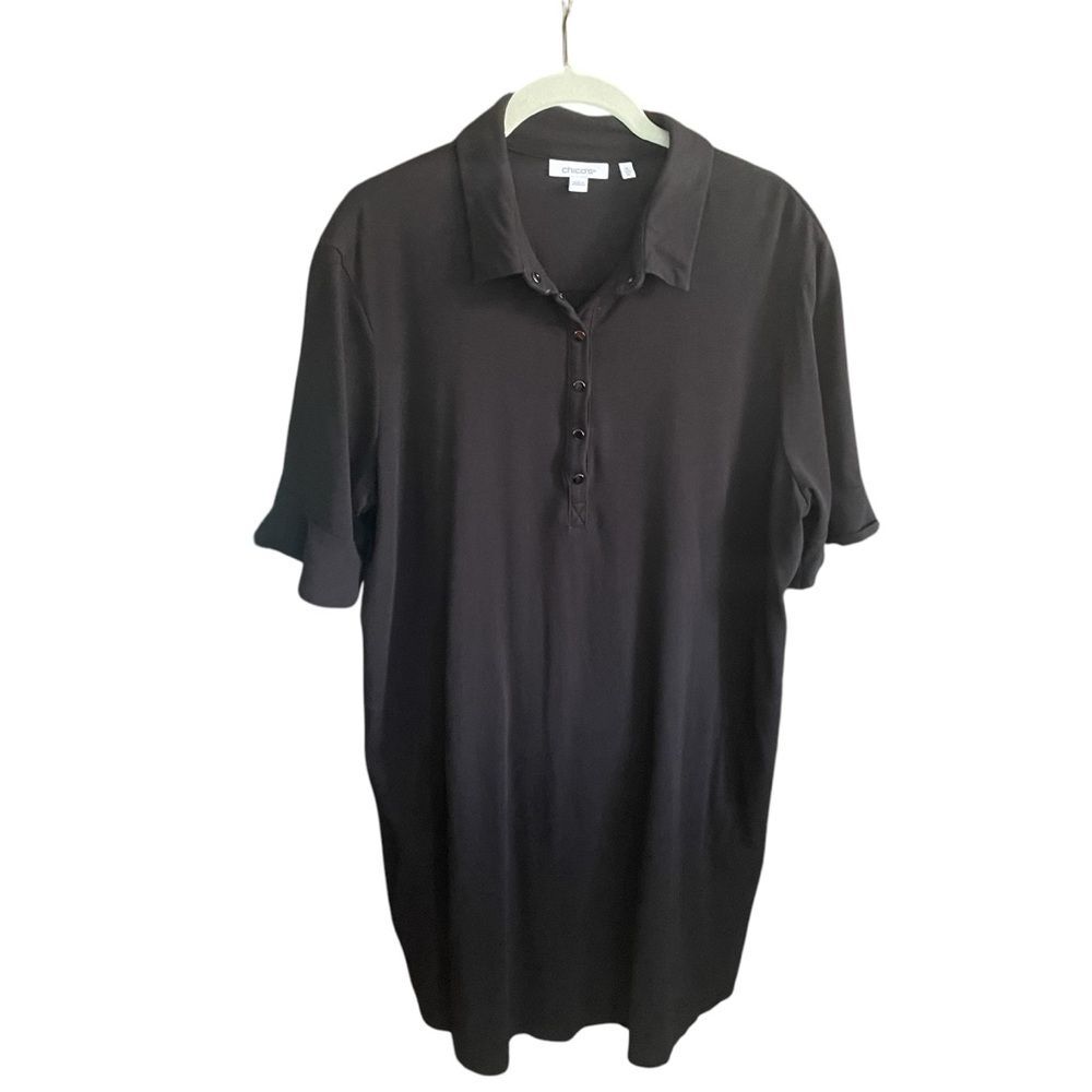 Chico's 3 Black Classic Polo Style UPF Ruffle Sleeve Snap Front Jersey Dress XL